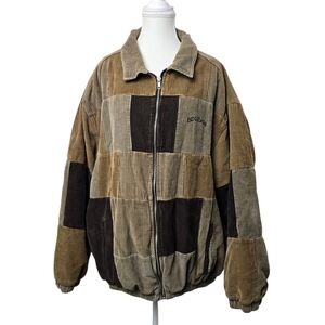 BDG Patchwork Quilted Corduroy Harrington Bomber Jacket in Brown and Olive RETRO